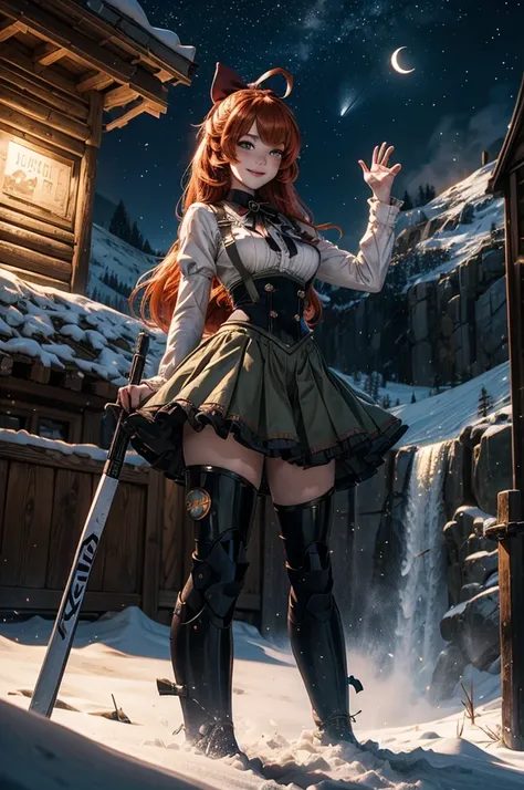 cowboy shot, (dynamic pose), smile,  underbust, Penny Polendina, long red hair, neck ribbon, suspender skirt, corset, black bow, white blouse, mechanical legs, neon trim, standing, near ski lodge, BREAK night, stars, moon, snow, BREAK mountains in backgrou...