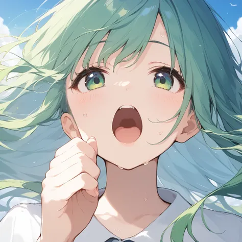 score_9, score_8_up, score_7_up, source_anime, best quality, masterpiece, official art, absurdres, highres, ultra-detailed,waifu2x,Collection: Slice of Life,break,kochiya sanae, 1girl, green hair, long hair, green eyes, sweat, open mouth, (yawn:0.3), sleep...