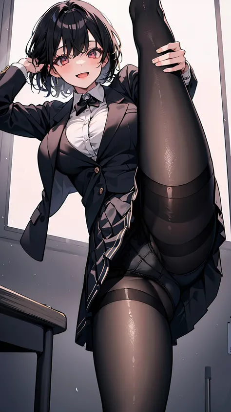 One Girl, Five Fingers, mini skirt, Looking down at the viewer, Black Hairロングヘアー, Highest quality, Focus on the thighs, Dynamic pose, smile, blazer, blouse, Black Pantyhose, panties under pantyhose, Standing Split, classroom, Black Hair, Stylish pose,My th...