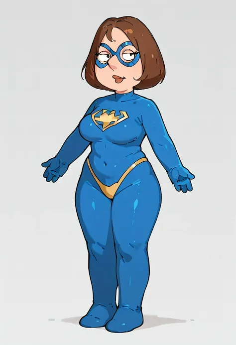 1girl, , , brown hair,,domino mask,blue superhero clothes, thong, ,full body,big breasts,wide hips,hourglass body