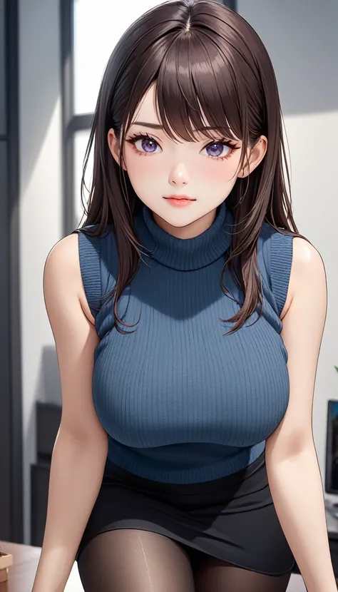 masterpiece, High resolution, perfect face, beauty of japan, 30 years old, beautiful face, office, sleeveless sweater, mini pencil skirt, tights, embarrassed look, look at the camera, top quality eyes, detailed texture, look at the camera, big tits, Marrie...