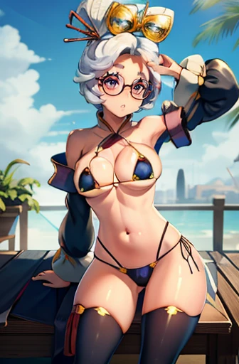 cheap, White hair ,red glasses Aura, hair ornament, Red eyes, earrings ,pomade, eyeshadow , bikini dunkellila, Wizard (Bikini-Krieger) ,black boots above the knee, black elbow gloves,