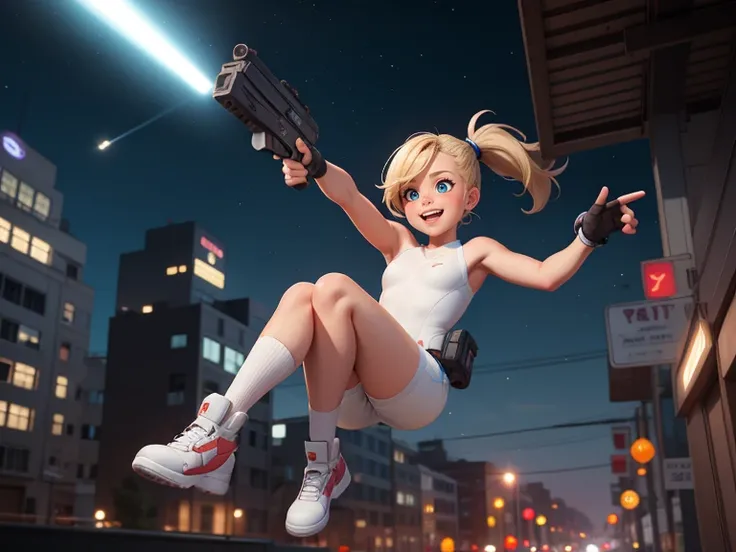 (masterpiece, promo art, concept art), (scifi, city, future, night), (falling in air), bokeh, (cute face, soft features, white girl), teenager, (white leotard, blue shorts, pauldrons), (blonde hair, ponytail), (gun, laser pistol), (falling, gliding, action...