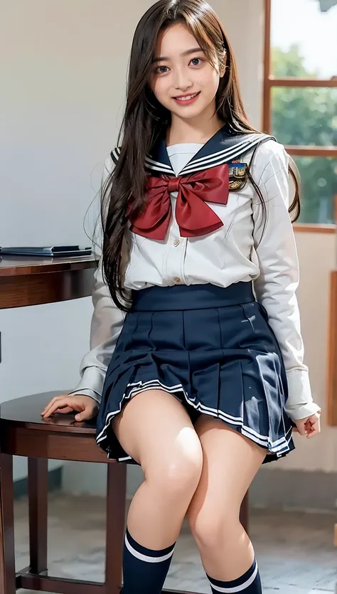 ((highest quality、8k、masterpiece:1.3)),((((fullbody shot)))),Ultra-high resolution,big eyes,Japanese,bangs,(a girl),(1 girl),((20 years old)),((facing at viewer)),(long hair),(((black sailor uniform))),grin,((sitting on chair)),(pleated mini skirt),(((puss...