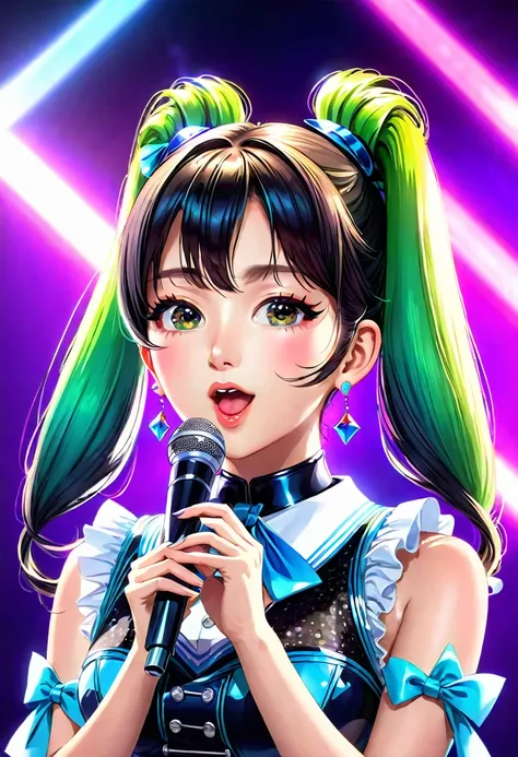 a beautiful young idol girl with twin tails is singing on the stage at a concert。bust:1.5、(highest quality、4k、8k、high resolution...