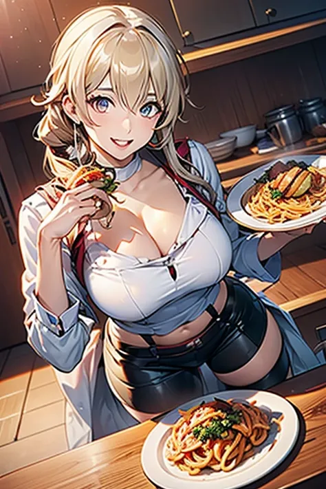 (dynamic angle:1.3, front view:1.1, breast focus:1.3, from above:1.1), (dynamic posing:1.2, sexy posing:1.2), (seductive smiling:1.3), ((holding Pasta on a plate,Taking the pasta out of the pan, worried about the outcome:1.2)),highest quality、(real、photore...