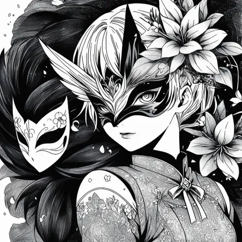 anime line art，black and white，mask，flower