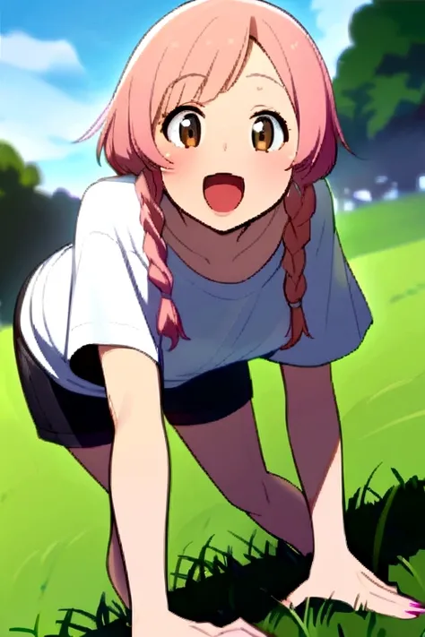 Anime woman in 20s, long braided pink hair, brown eyes, cute features, rosy cheeks, oversized t-shirt, booty shorts, standing in grassy field, bending over, looking at viewer, curious, excited