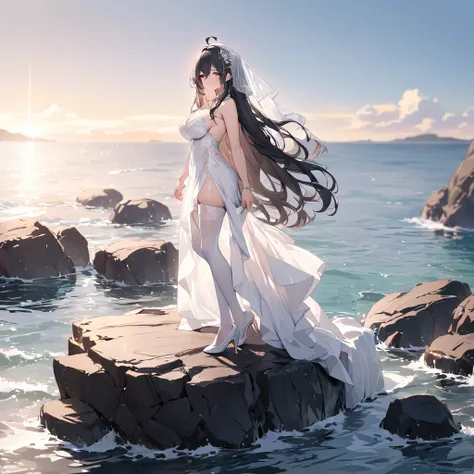 A mature woman, black hair, long hair, wearing a white dress, with exposed thigh, long white stockings, silver details on the dress, wearing a transparent wedding veil, red eyes, silver clip, silver bracelet, white heels, smiling, large breasts , ahoge hai...