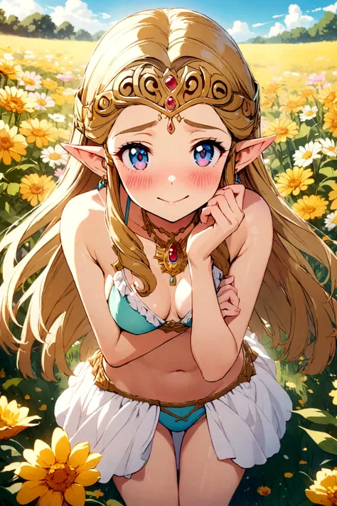 Princess zelda, bikini, shy laugh, blushing, looking at viewer, outside, sunny, field of flowers