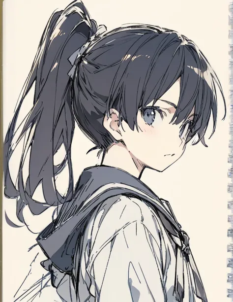 Junior high school boy black hair ponytail hair sketch