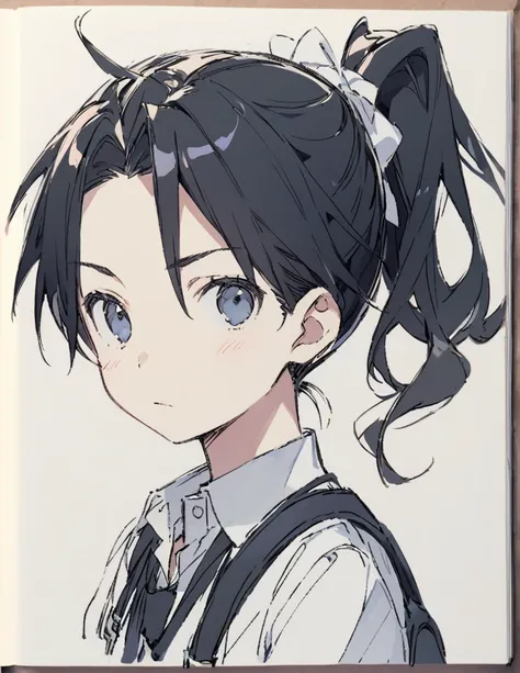 Junior high school boy black hair ponytail hair sketch