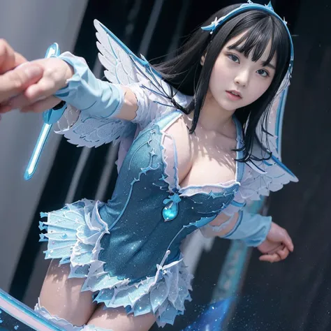 high quality, masterpiece, Very detailed, 8K, a 17 years old beautiful Japanese woman:1.5, Small face, Black Hair, ((Woman crucified on the cross:1.5, Breast Augmentation Surgery)), (Detailed blue and light blue magical girl heroine outfit:1.5), remote_pla...