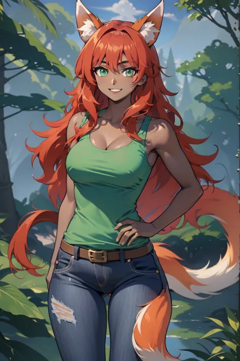 masterpiece, best quality, highres, zoo1, green eyes, bangs, orange hair, very long hair, fox tail, dark skin, fox girl, tank top, jeans, belt, forest, cowboy shot, large chest neckline, ABS,upper body, smile, pov