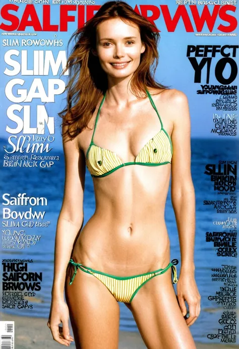 sports magazine cover, young woman, (Saffron Burrows), (slim:1.2), 18yo, (bikini), (flat chest:1.1), perfect body, smile, full body, thigh gap:1.4