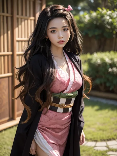 Masterpiece, Best Quality, High Resolution, Venus1, 1Girl, Solo, Tsuko Kamato, Bamboo, ((Gag)), Hair (brown), Plaid Belt, Gag, Gag, Gradient Hair, Hair Ribbon, Haori, Japanese Clothing, ((Black Kimono:1.2)), Very Short Kimono, big , Long Hair, big breast, ...