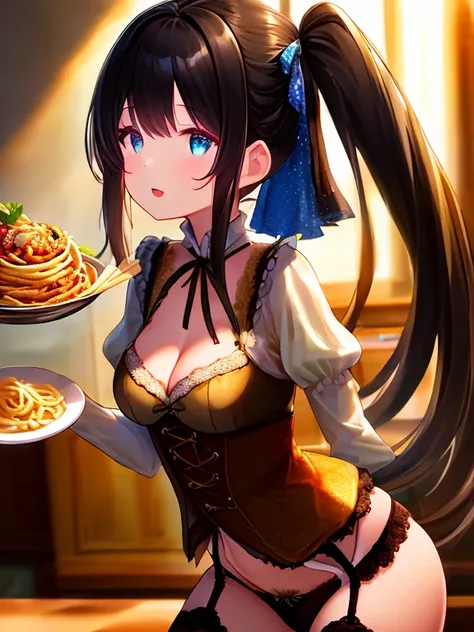 (dynamic angle:1.3, front view:1.1, breast focus:1.3, from above:1.1), (dynamic posing:1.2, sexy posing:1.2), (seductive smiling:1.3), ((holding Pasta on a plate,Taking the pasta out of the pan, worried about the outcome:1.2)),highest quality、(real、photore...