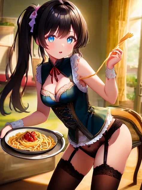 (dynamic angle:1.3, front view:1.1, breast focus:1.3, from above:1.1), (dynamic posing:1.2, sexy posing:1.2), (seductive smiling:1.3), ((holding Pasta on a plate,Taking the pasta out of the pan, worried about the outcome:1.2)),highest quality、(real、photore...