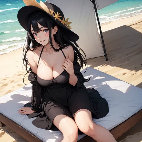 1 girl, black hair, black dress, summer dress, wearing light colors hat, sitting near beach in mattress, medium breast, fair colors, little cute smile, one hand holding cap, giving nice cleavage, bit of beach sand in legs 