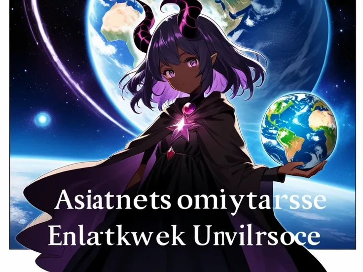 Manga cover Entity cosmic woman stars maleficent nebula dark cloak dark skin giant dark dress white details holding a planet Earth universe title multiverse volume 1 Assunção Entity