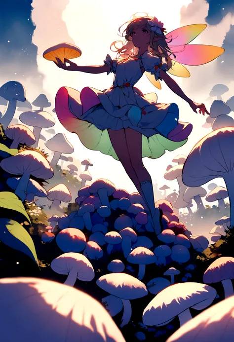 a  fairy flying over a pile of white Mushrooms, holding one white Mushroom on her hand