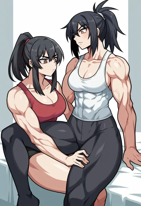 score_9, score_8_up, score_7_up, source_anime, BREAK, (((yew))), black hair, brown eyes,. ponytail, tank top, leggings, thick thighs, athletic build, cleavage, slightly muscular, femdom