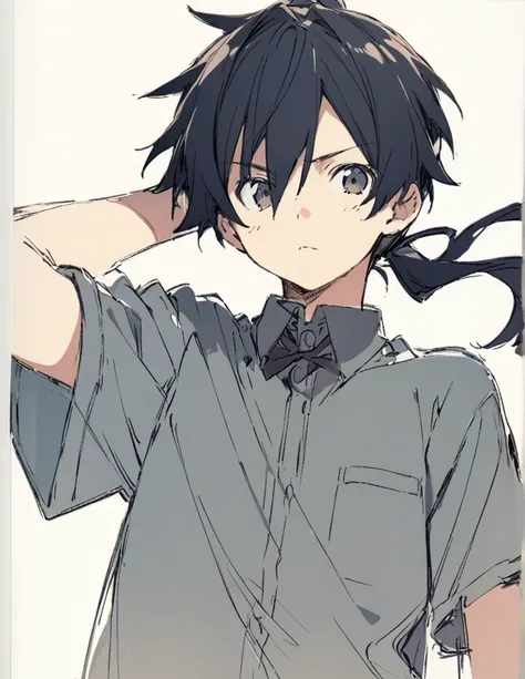 Junior high school boy black hair ponytail hair sketch