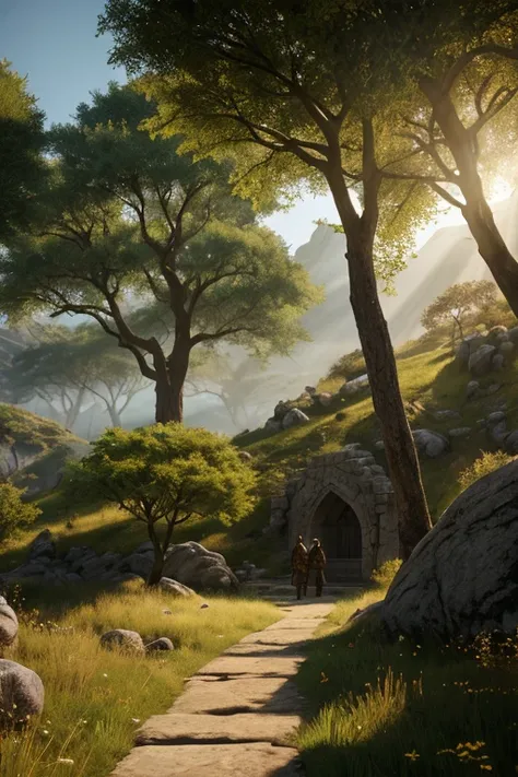 simple scenario,passing stone, ultra detailed fantasy, some acacia trees, realisitic, dnd, RPG, Lotr game design fanart by concept art, behance hd, art station, deviantart, Global Illumination Radiating a Bright Aura Global Illumination Ray Tracing HDR Ren...