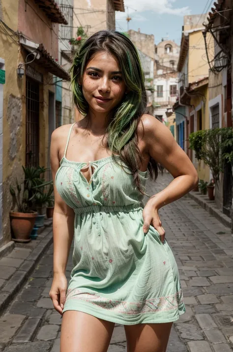 [[((young attractive Mexican woman with green streaks in her hair, very light, barely visible cute freckles on her cheeks, and a small birthmark near her lips:1.5)), ((Martina Sánchez:1.4)), walking through the colorful streets of Guanajuato, with her body...