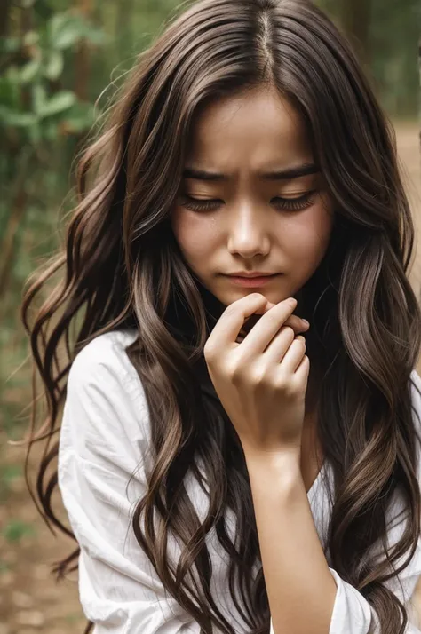 Girl with almost long wavy hair and crying 