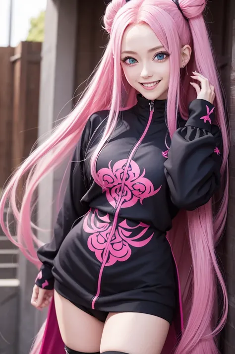 A female character with long pink hair and blue eyes smiling, 2D estilo Kimetsu no yaiba Demon Slayer 