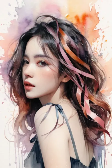 (8k, best quality, masterpiece:1.2),(best quality:1.0), (ultra highres:1.0), watercolor, a beautiful woman, shoulder, hair ribbons, by agnes cecile, half body portrait, extremely luminous bright design, pastel colors, (ink:1.3), autumn lights,