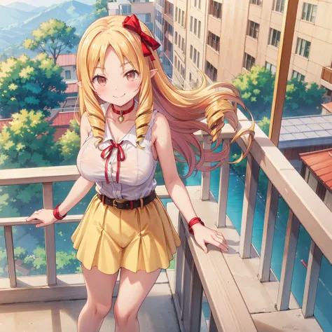 masterpiece, highest quality, high resolution, hs1,blush、smile,nsfw、balcony、red ribbon, white shirt, sleeveless, yellow skirt, b...