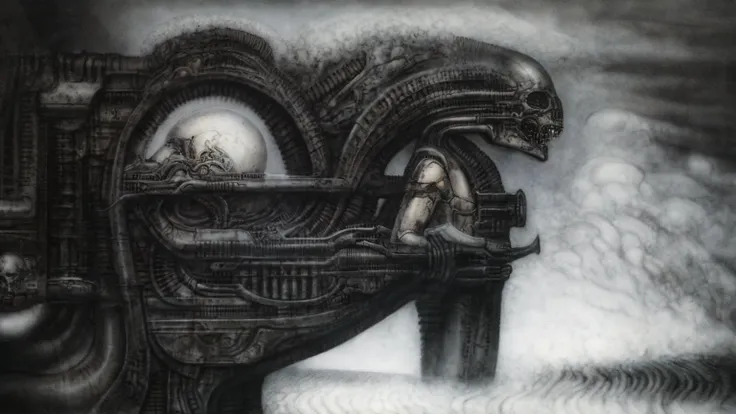 The image is a detailed view of H.R. Gigers biomechanical tableau " Landscape XVI " plate, featuring.
(airbrush painting, Gigers alien in front of broken alien ship in landscape, natural light, sharp focus, illustration, highly detailed, digital painting, ...