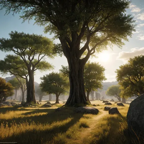 simple scenario, flat ass, few trees,passing stone, ultra detailed fantasy, some acacia trees, realisitic, dnd, RPG, Lotr game design fanart by concept art, behance hd, art station, deviantart, Global Illumination Radiating a Bright Aura Global Illuminatio...