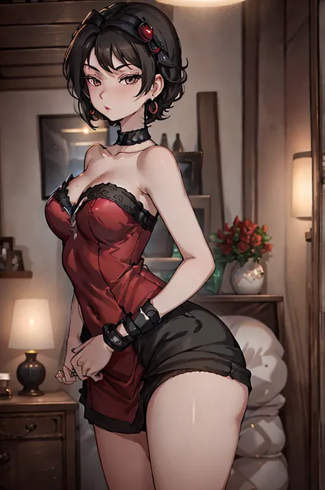 (8K HDR photorealistic pic), Betty Boop, short, althetic, curvy lady, ((tight little red dress)), dark eyebrows, black lipstick, (hoop earrings), dark eyeshadow, black lipstick, curvy, busty, (curly short black hair), shortstack, (retroussé breasts), darli...