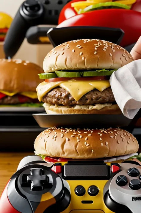 A video game controller and a hamburger
