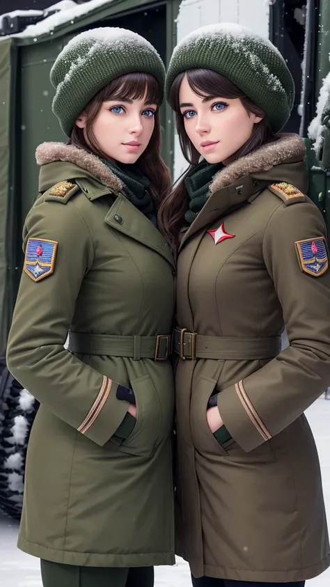 a detailed portrait of two female soldiers in winter military uniforms, beautiful detailed eyes, beautiful detailed lips, extremely detailed eyes and face, long eyelashes, wearing dark green M-51 military coats, standing upright in a snowy military camp, m...