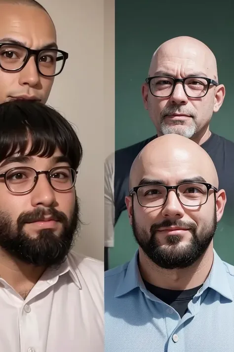 Create an image of an ugly nerdy kid at school and an ugly bald adult 20 years later