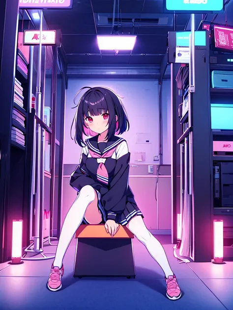 beautiful girl incredible quality 4k vtuber with red eyes multiple color blue and black hair con cinta rosa  Short pleated skirt long sleeve sailor style blouse long white stockings pink tennis shoes with black vtuber youtuber en habitación estudio de grab...