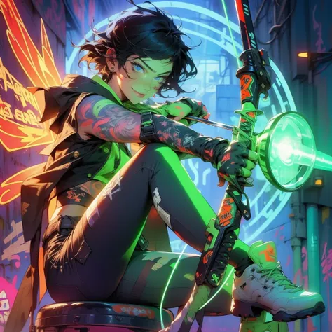 Ultra HD, anime realistic. Badass South Asian teen girl with short, windblown black hair and piercing electric blue eyes. Smirking confidently, she leans against a graffiti-covered wall in a neon-lit cyberpunk alleyway. Clad in a black tactical outfit with...