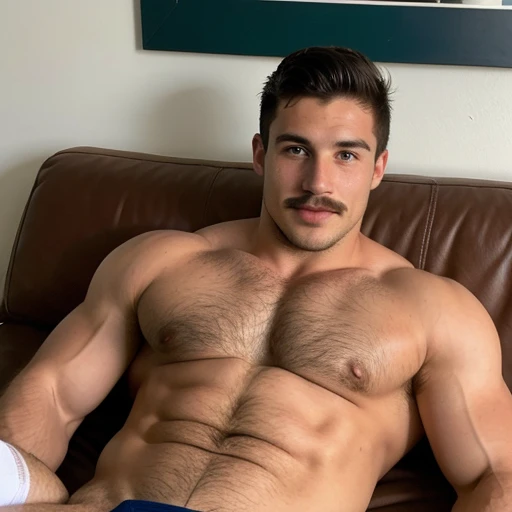 25 years old，A man , rugby player , muscular Italian ，with your friends , atrnas abiertas , flaccid penis ,Thick hair on chest，naked , on the playing field, moustache，Masterpiece，High Definition，at，Socks ，