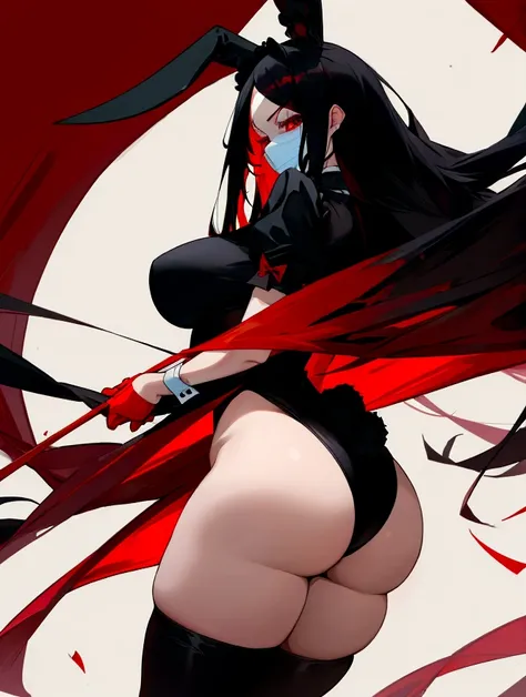 
girl with red eyes, long black hair with red tips, bunny maid, black bunny ears, reddish black mask, big , big ass, big thighs