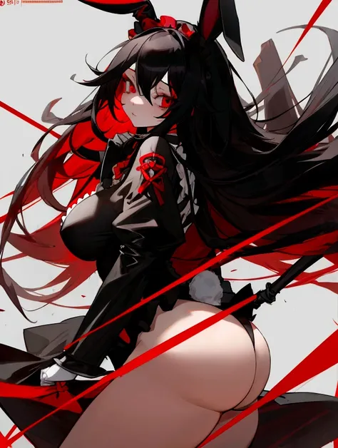 
girl with red eyes, long black hair with red tips, bunny maid, black bunny ears, reddish black mask, big , big ass, big thighs