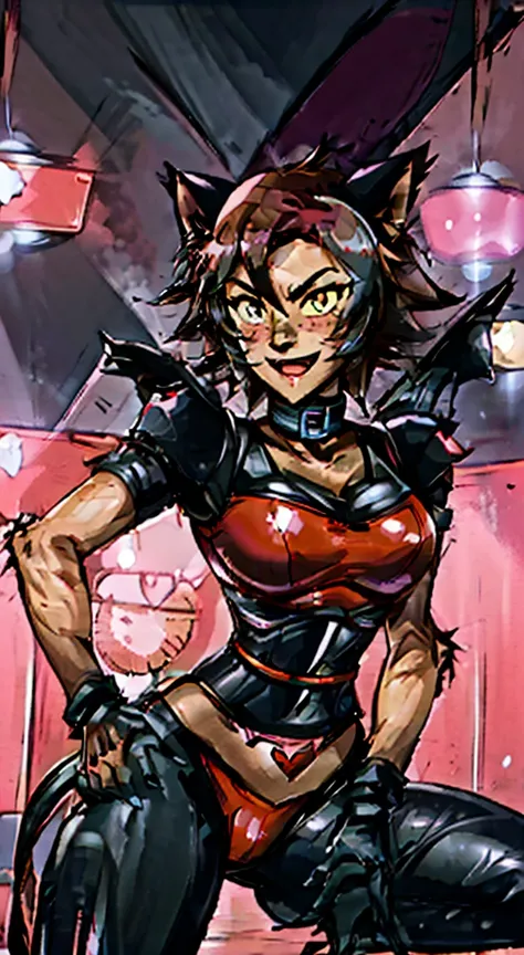 (Best quality, 4k, 8k, Ultra HD, High resolution, masterpiece:1.2), Catra as Mettaton, full spandex/latex attire (reds and blacks), neon lights, flawless makeup, happy singing pose, cat ears, fierce expression, long hair, simple greyscale background, sleek...