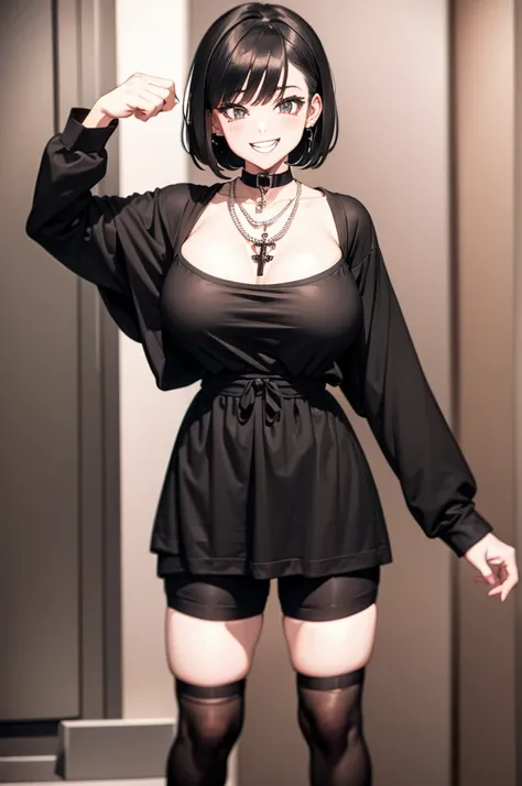 (Masterpiece) (High Detail) (High Res) (white Skin) (アニメ) (Full body picture) beautiful young, gigante breasts, Gothic style, black sweatshirt, black shorts black clothes, bruncos, cross necklace, Grinning, looking from the front, black short hair