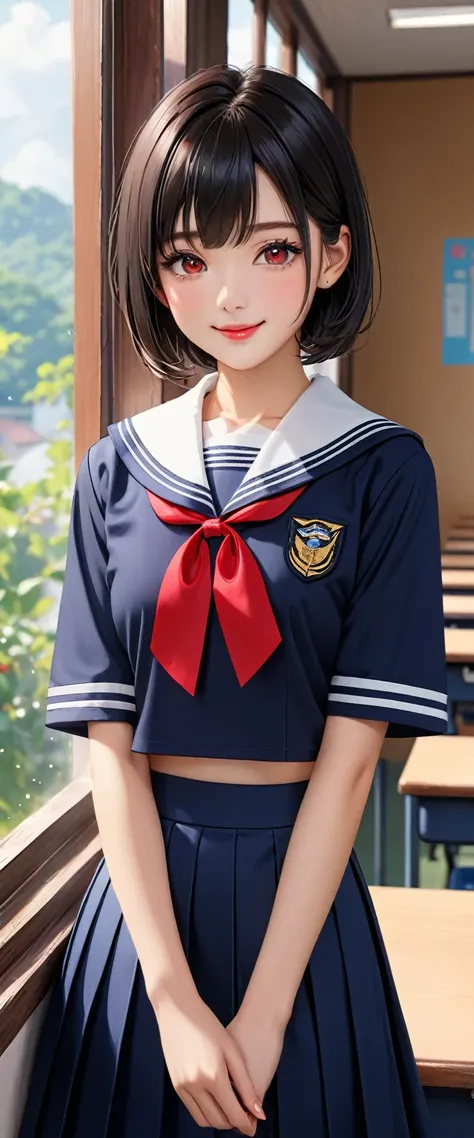 Highest quality、High resolution、Detailed Background、Beautiful face in every detail、Teenage beauty、Detailed red eyes、Realistic、Perfect body line、Black Hair、Braided bob cut、well-groomed eyebrows、Cute Lip Makeup、Calm atmosphere、A short-sleeved shiny dark sail...