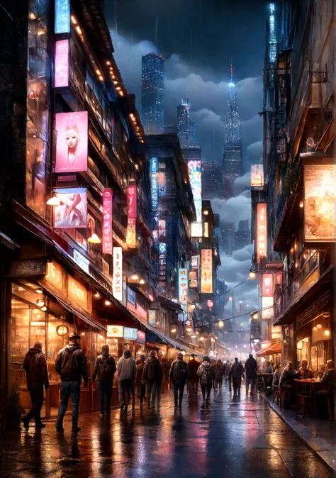 (Highest quality,4K,8K,High resolution,masterpiece:1.2),Super detailed,(Realistic,photoRealistic,photo-Realistic:1.37),Cityscape,Night view,Glowing Light,Reflection on wet pavement,Foggy atmosphere,Dynamic city life,Vibrant nightlife,Dark Shadows,Neon Sign...