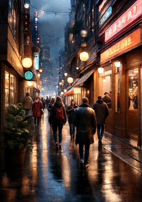 (Highest quality,4K,8K,High resolution,masterpiece:1.2),Super detailed,(Realistic,photoRealistic,photo-Realistic:1.37),Cityscape,Night view,Glowing Light,Reflection on wet pavement,Foggy atmosphere,Dynamic city life,Vibrant nightlife,Dark Shadows,Neon Sign...