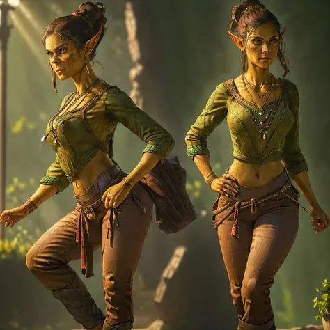 1girl, green tone, pointy ears, flat nose, necklace, hair bun, pointing her butt at the camera, hands on hips, wearing brown pants, (masterpiece, best quality), ultra-detailed, cinematic lighting, highly detailed face, cinematic pose, detailed clothing fol...